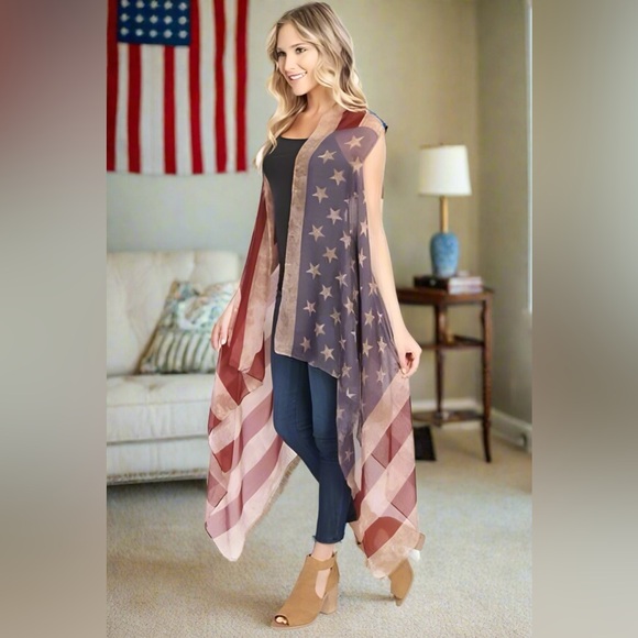 NEW Womens American Flag Kimono Cardigan 4th of July Vest Labor Day Duster - Picture 3 of 7